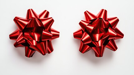 A top view of two red ribbons elegantly isolated on a white backdrop, their glossy texture and vibrant color making them perfect for holiday or gift-themed photos.