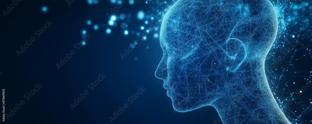 Poster abstract digital head profile formed from glowing network nodes and lines. represents ai, data, futu