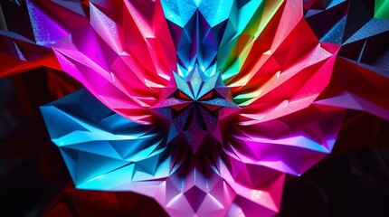 Obraz premium Dramatic, cinematic image of intricate origami-style colorful waves radiating from a central point, interwoven with holographic textures and geometric shapes. Neon gradients contrast with dark metall