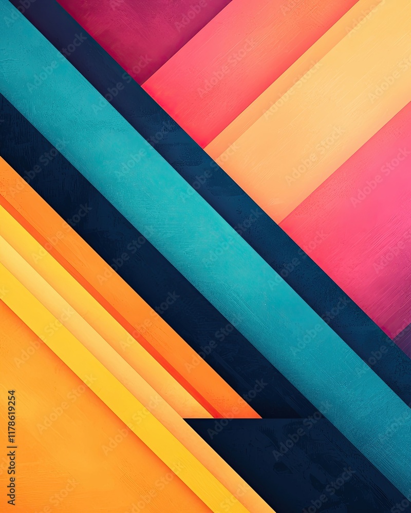 Wall mural A vibrant abstract composition featuring bold geometric shapes and a gradient of colors including teal, orange, pink, and yellow.