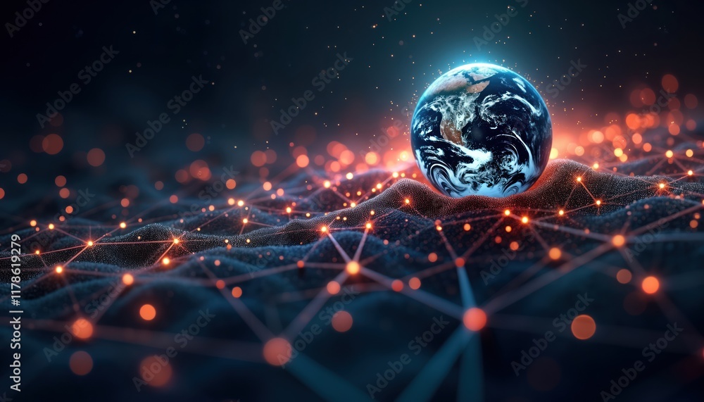 Aufkleber Abstract tech art shows global network connecting earth. Planet earth glows with particles, lines. Futuristic concept of global connection. Digital world. Global eco tech innovation. Modern internet.
