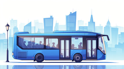 bus, A blue bus in front of the city skyline, a simple flat illustration style with smooth edges and blurred colors, a minimalist design.