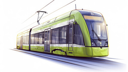 high-speed rail, Vector illustration of a modern green train, side view, with motion blur. The color palette is yellow and white, set against a white background.