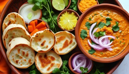Fototapeta premium Savory Indian Pav Bhaji with Fresh Toppings Served in a Clay Bowl on a Wooden Surface