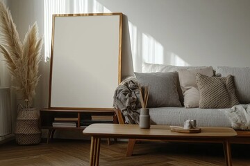 Cosy minimal Scandinavian living room with sofa, mock up white frames