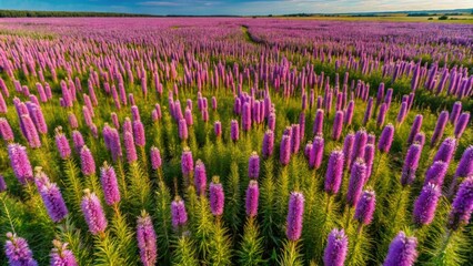 Drone captures vibrant Liatris spicata, a blazing star wildflower meadow in Eastern North America.