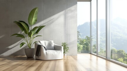Fototapeta premium Bright, elegant loft with polished concrete walls, wood flooring, and a cozy cloth chair near the large window.