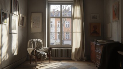 Bright, elegant loft with polished concrete walls, wood flooring, and a cozy cloth chair near the large window.