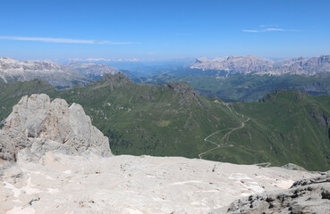 European Alps called Dolomites in Northern Italy seen from the Marmolada glacier over 3000 meters...