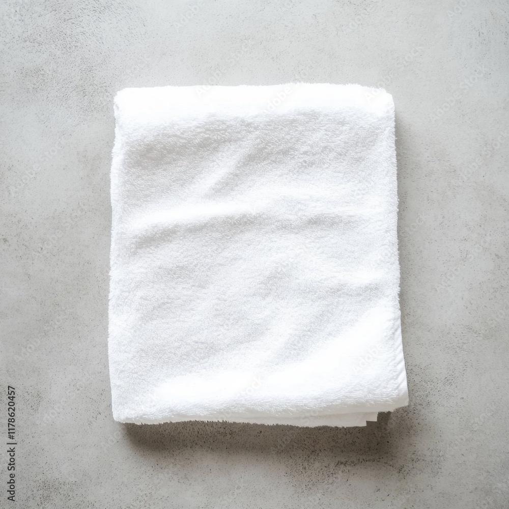 Poster a neatly folded white towel resting on a smooth, textured surface, showcasing its softness and simpl