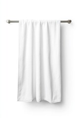 A simple, clean white towel hanging on a silver rod against a neutral background, emphasizing minimalism and freshness.