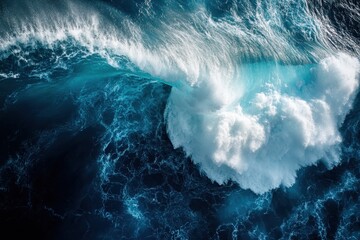 Aerial view of ocean wave breaking, turbulent water, deep blue, white foam, nautical background, nature