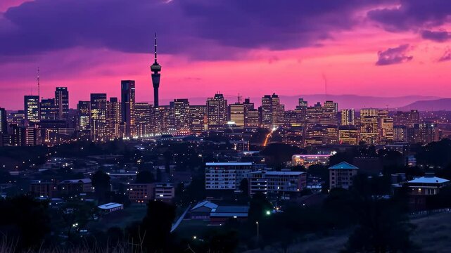 This video captures a nighttime view of a city from a hill, showcasing the city lights and urban skyline, Johannesburg's skyline in the shadow of sunset