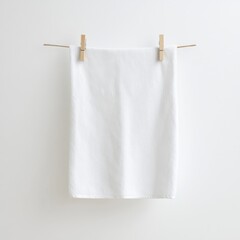 A simple white towel hangs on a wooden clothesline against a plain wall, showcasing minimalistic design and freshness.