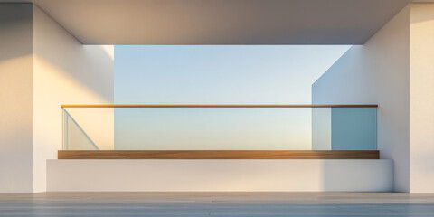 Modern architectural balcony with glass railing and minimalistic design at sunset