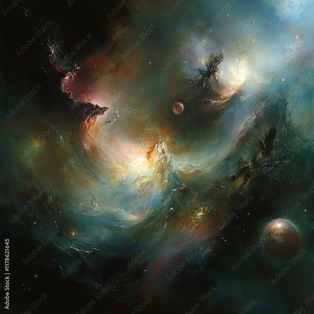 Poster a colorful abstract nebula with swirling clouds and planets in a dark space background.