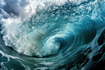 Ocean wave barrel, turquoise water, dramatic sky, surfing backdrop