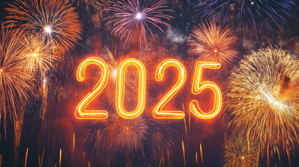Top - Notch Shot of Fireworks and Glowing "2025" Lights, Setting Enchanting New Year's Scene