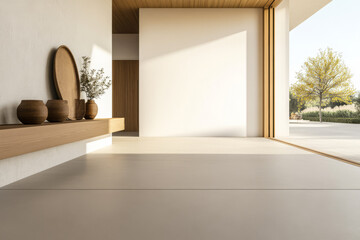 Modern interior design features natural elements and spacious layout with natural light