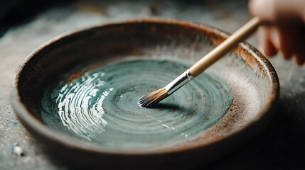 close up of artisan painting handmade ceramic dish with brush, showcasing intricate details and textures of glaze