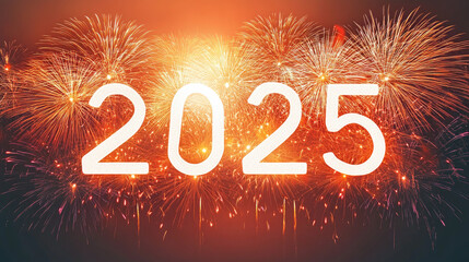 Top - Notch Shot of Fireworks and Glowing "2025" Lights, Setting Enchanting New Year's Scene