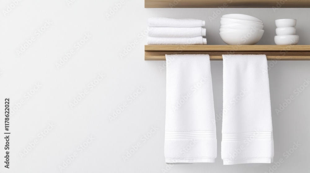 Poster a minimalist bathroom shelf displays neatly arranged white towels and jars, emphasizing simplicity a