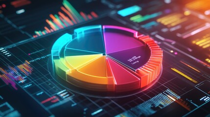 A colorful D pie chart floating in space, with animated sections expanding and contracting, set against a modern digital interface with global financial metrics.