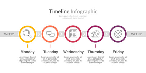 Fototapeta premium 5 Days of week project plan infographic. Banner, Poster, Presentation and Strategy. Vector illustration.