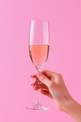Cheers to Simplicity: A Cropped View of a Woman Celebrating with a Champagne Glass Against a Pink Backdrop