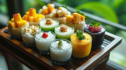 A colorful arrangement of Thai desserts, such as mango sticky rice and coconut puddings, displayed on a wooden tray, showcasing the sweetness and diversity of Thai sweets.