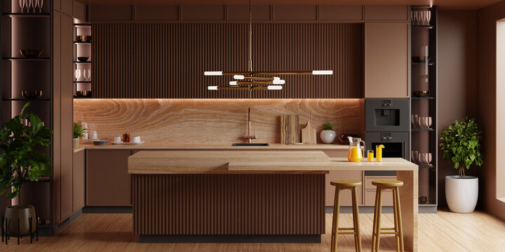 kitchen room interior in brown mocha mousse 2025 color with modern decoration - 3D rendering