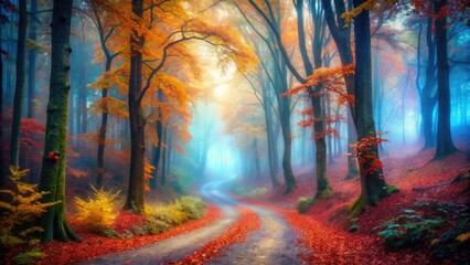 Fototapeta premium Fog-shrouded autumn path, a fairytale scene unfolds in November's misty morning.