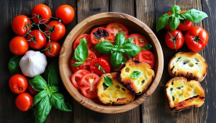 Delicious Bruschetta with Fresh Tomatoes and Basil in Rustic Bowl on Wooden Table