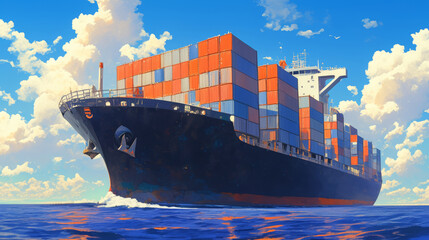 Fototapeta premium Cargo ship, On the sea, there is an oil painting of a cargo ship with containers in the front view, a blue sky and white clouds, bright colors, a sunny day, a wide angle, and a low camera position.