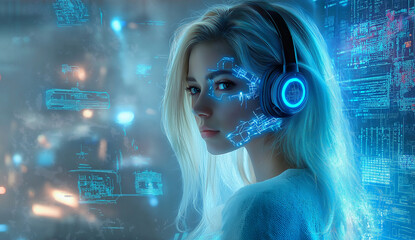 A woman with headphones is overlaid with digital circuitry and data streams, evoking themes of AI, technology, and cyberpunk. The image is visually striking and futuristic.
