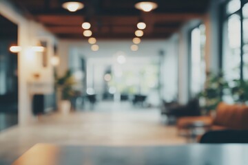 Blurred office lobby, modern design, waiting area, product display