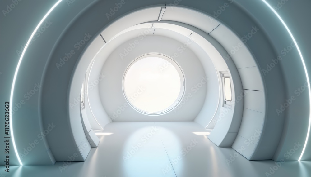 Poster Futuristic tunnel interior with round hatch. Modern architecture, tech design. White walls with smooth curves. Light beams illuminate space. Large round window shows bright sky space outside. Concept