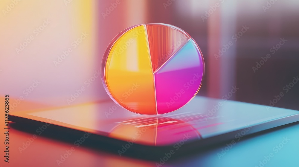 Poster a creative d pie chart with transparent glass-like sections, floating above a tablet screen, represe