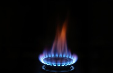 Close-up of gas burner. Blazing blue flames ignite in kitchen stove. Energy source in action. Home appliance. Cooking concept. Natural gas igniting. Burner heating. Fuel source.