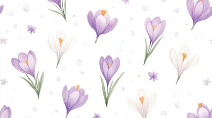 A delicate pattern of purple and white crocus flowers on a light background, perfect for spring-themed designs or floral decorations.