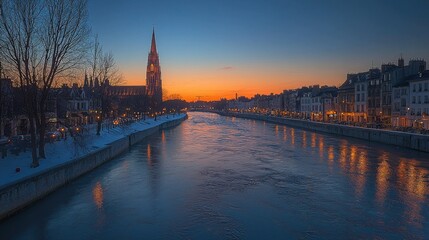 Obraz premium Sunset over a snowy river with city buildings and a church spire