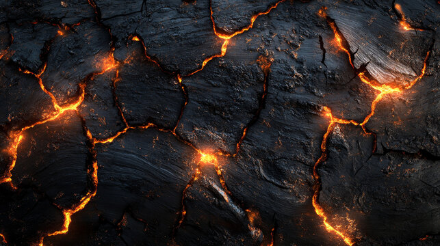 beautiful, Close-up of a burnt wood texture with visible cracks and glowing embers, emphasizing the natural beauty in urban design.