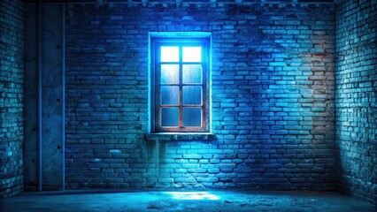 Grungy blue brick wall, shadowed window hints at a mysterious abandoned building's dark interior.