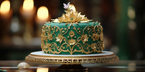 A rich green cake adorned with intricate gold floral designs and a delicate white flower sits on an ornate gold stand.





