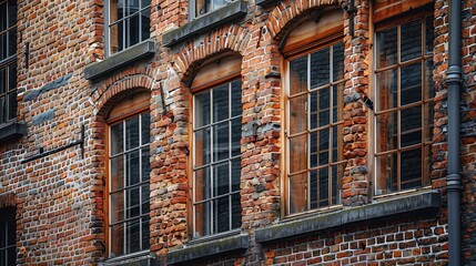 Fototapeta premium A close-up of a brick wall featuring multiple windows with wooden frames.