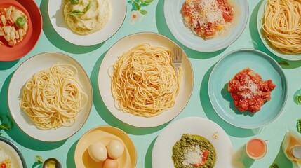 A creative flat lay of various spaghetti dishes, including pesto, carbonara, and bolognese, arranged artistically on plates with colorful ingredients around, showcasing the diversity of flavors.