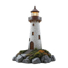 Charming Stone Lighthouse - Serene Coastal Beacon with Greenery and Flowers Transparent Background