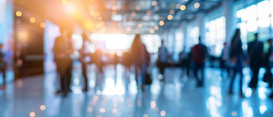 An floor bustling with activity and attendees, business center, blurred background with copy space