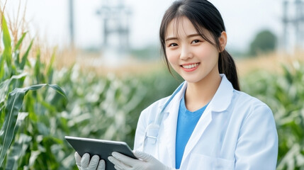 Chinese woman farmer agronomist using digital tablet for examining corn