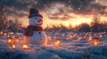 A whimsical snowman with a scarf, standing tall in the middle of a snowy field, surrounded by glowing lanterns